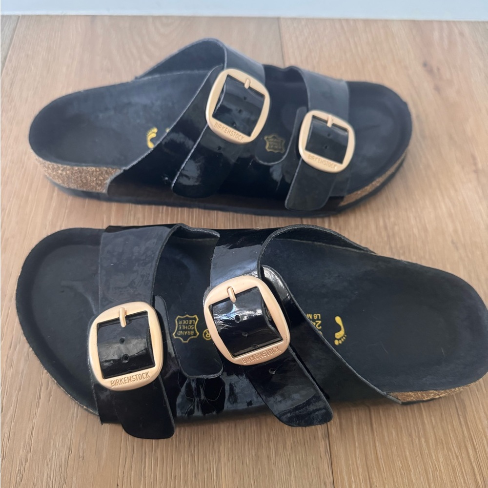 Birkenstock Glossy Black Sandals with Gold Buckles - Picture 3 of 4